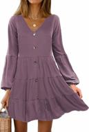 chic and flattering: halife women's button front dress with puff sleeves, v-neck and swing tiered design logo