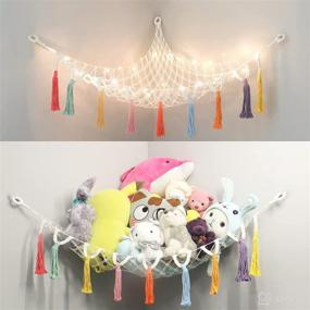 img 4 attached to 🐻 55In Large Stuffed Animal Hammock with LED Light and Macrame Tassel, Boho Decor Nursery Toy Organizer for Pet Storage, Plushie Hanging Corner for Playroom and Bedroom