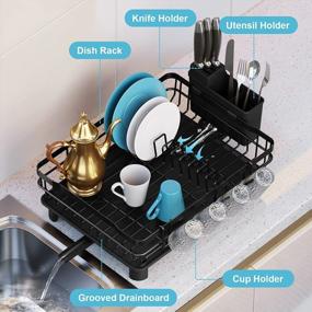img 4 attached to Large Capacity Black Dish Drying Rack With Drainboard, Utensil Holder And Extra Dish Mat For Kitchen Countertop Dish Dryer