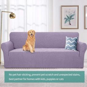 img 3 attached to YEMYHOM Couch Cover Latest Jacquard Design High Stretch Sofa Covers For 3 Cushion Couch, Pet Dog Cat Proof Slipcover Non Slip Magic Elastic Furniture Protector (Large, Light Purple)
