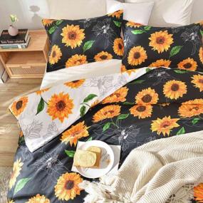 img 4 attached to Nanko Queen Duvet Cover Set, White And Black Yellow Sunflower Floral Green Leaf Printed Pattern 90X90 3PC Soft Luxury Microfiber Quilt Cover With Zip, Ties - Country Farmhouse Flower For Men Women
