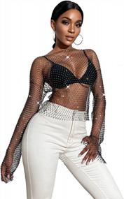 img 4 attached to Plus Size Rhinestone Embellished Sheer Mesh Crop Top With Tight Long Sleeves, Off-Shoulder Style And V-Neck Design