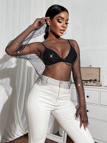 img 1 attached to Plus Size Rhinestone Embellished Sheer Mesh Crop Top With Tight Long Sleeves, Off-Shoulder Style And V-Neck Design