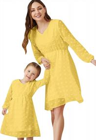 img 4 attached to Mommy And Me Matching Chiffon Dresses: YMING V Neck Solid Color Dress With Long Sleeve Swiss Dot Mini Outfits