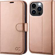protect your iphone 14 pro with ocase wallet case: rfid blocking, card holders, shockproof inner shell, and stand in stylish peach gold logo