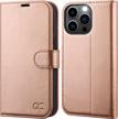 protect your iphone 14 pro with ocase wallet case: rfid blocking, card holders, shockproof inner shell, and stand in stylish peach gold logo