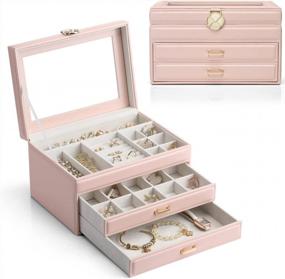 img 4 attached to Vlando Jewelry Box Organizers With Glass Display Top, Multi-Compartments For Necklaces Earrings Watches Rings Storage, 2-Layer Drawer Organizer, Vintage Gift For Girls Women, Pink