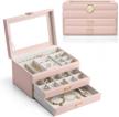 vlando jewelry box organizers with glass display top, multi-compartments for necklaces earrings watches rings storage, 2-layer drawer organizer, vintage gift for girls women, pink logo