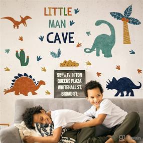 img 1 attached to Mfault Boys Dinosaur Footprints Little Man Cave Wall Decals Stickers: Adorable Dino Paw Prints for Nursery Décor, Playful Watercolor Theme with Blue Coconut Trees and Cactus, Perfect Kids Room Decor Gift