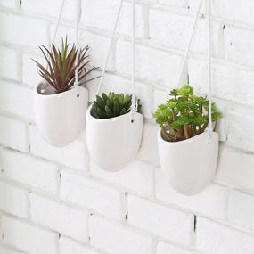 img 4 attached to Modern And Chic: Set Of 3 Ceramic White Hanging Planters With Jute Rope For Indoor Succulent Plants