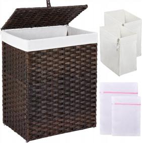 img 4 attached to Greenstell Laundry Hamper: 90L Handwoven Rattan Basket With Lid, Removable Liner Bags & Mesh Laundry Bags For Clothes And Toys In Bathroom And Bedroom - Brown