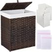 greenstell laundry hamper: 90l handwoven rattan basket with lid, removable liner bags & mesh laundry bags for clothes and toys in bathroom and bedroom - brown logo
