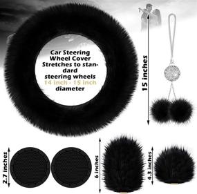 img 2 attached to 🚗 Frienda 6-Piece Fluffy Car Accessories Set with Steering Wheel Cover, Handbrake Cover, Gear Shift Cover, Bling Car Mirror Fuzz, Car Decoration, and 2-Piece Bling Car Mat (Black, Long Hair)