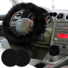 img 1 attached to 🚗 Frienda 6-Piece Fluffy Car Accessories Set with Steering Wheel Cover, Handbrake Cover, Gear Shift Cover, Bling Car Mirror Fuzz, Car Decoration, and 2-Piece Bling Car Mat (Black, Long Hair)