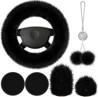 🚗 frienda 6-piece fluffy car accessories set with steering wheel cover, handbrake cover, gear shift cover, bling car mirror fuzz, car decoration, and 2-piece bling car mat (black, long hair) логотип