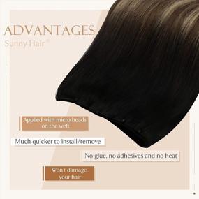 img 2 attached to 18 Inch 50G Human Hair Extensions Ombre Balayage Micro Weft Black To Dark Brown Mix Caramel Blonde Sunny Bead Invisible Weft