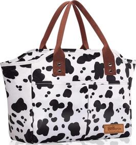img 4 attached to Fashionable Insulated Lunch Tote Bag With Pockets For Men Or Women - Perfect For Work, Shopping, Or Travel - Reusable Cooler Box (Cow Print)