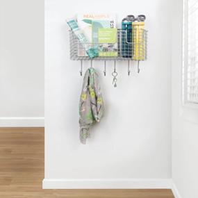 img 3 attached to MDesign Metal Wire Farmhouse Wall Decor Storage Organizer Divided Basket With 6 Hooks For Entryway, Hallway, Mudroom, Bedroom, Bathroom, Laundry Room - Wall Mount - Chrome