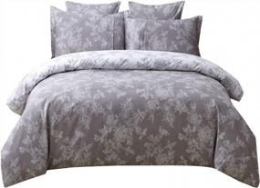 img 2 attached to FADFAY Reversible Duvet Cover Set Full Size 100% Cotton Ultra Soft Grey And White Floral Bedding With Hidden Zipper Closure 3 Pieces (1Duvet Cover & 2Pillowcases)