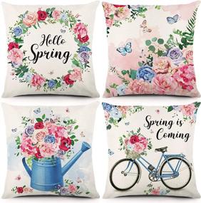img 4 attached to 4Pcs 18X18 Inches Farmhouse Pillow Covers: Spring Decorations Flower Linen Cushion Case For Home Decor By ZJHAI