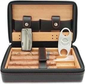 img 4 attached to Portable Leather Cigar Humidor Case With Humidifier And Cedar Wood For Travel - 4 Piece Set In Black