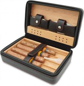 img 3 attached to Portable Leather Cigar Humidor Case With Humidifier And Cedar Wood For Travel - 4 Piece Set In Black