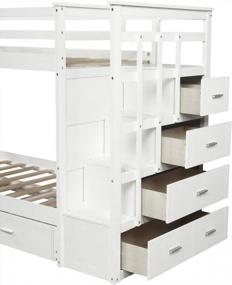 img 2 attached to Белая двухъярусная кровать Merax с выдвижным ящиком, лестницей и 4 ящиками для хранения - двухъярусная кровать из твердого дерева идеально подходит для экономии места