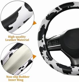 img 2 attached to 🐮 Enhance Your Car Interior with AUTOXBERT 3Pcs Cow Print Steering Wheel Cover Set including 15-Inch Wheel Protector and 2 Pack Seat Belt Shoulder Pad – Non Slip Car Interior Decorations