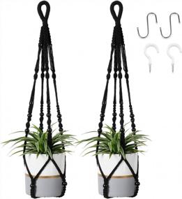 img 4 attached to Pack Of 2 POTEY 620102 Black Macrame Plant Hangers With Beads - 35 Inch 4-Legged Hanging Planter For Indoor/Outdoor Home Decor, No Tassels, With 4 Hooks Included
