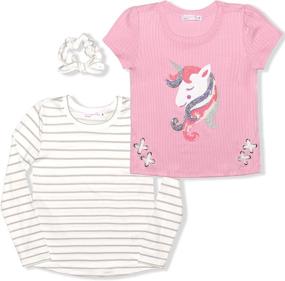 img 4 attached to 🦄 Adorable 2-Pack Unicorn Sequin Short and Long Sleeve Tees for Girls with Bow Scrunchie: A Magical Combination