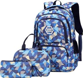 img 4 attached to 🎒 Versatile JiaYou Geometric Printed School Bag Set - Ideal for Junior High & University Students (2# Blue-3pcs,35 L)