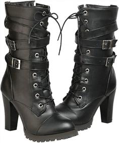 img 4 attached to Women'S Chunky Heel Combat Boots - Caradise Goth Lace-Up Mid Calf Buckles