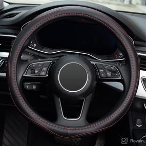 img 3 attached to Premium Microfiber Leather Steering Wheel Cover - 15 inch, Universal Fit - Black with Red Accent