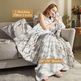 img 3 attached to Комплект из 3 мягких одеял из искусственного меха - светло-серый мраморный принт, 50X60 с декоративными наволочками 20X20 для дивана-кровати
