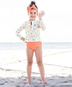 img 3 attached to RuffleButts®: Long Sleeve Rash Guard 2 Piece Swimsuit Set with UPF 50+ Sun Protection and Zipper - Baby/Toddler Girls