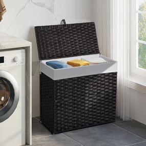 img 3 attached to Greenstell 3-Section Laundry Hamper With Lid: 125L Capacity, 2 Detachable Liner Bags, 5 Mesh Laundry Bags, Handwoven Synthetic Rattan Basket For Clothes, Toys - Black