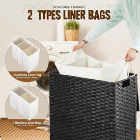 img 2 attached to Greenstell 3-Section Laundry Hamper With Lid: 125L Capacity, 2 Detachable Liner Bags, 5 Mesh Laundry Bags, Handwoven Synthetic Rattan Basket For Clothes, Toys - Black