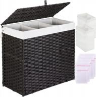 greenstell 3-section laundry hamper with lid: 125l capacity, 2 detachable liner bags, 5 mesh laundry bags, handwoven synthetic rattan basket for clothes, toys - black логотип