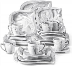 img 4 attached to Мраморно-серый фарфоровый набор посуды из 30 предметов на 6 человек от MALACASA - Квадратные тарелки и миски, чашка и блюдце в комплекте - Подходит для микроволновой печи и духовки - Элегантная серия Elvira
