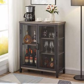 img 4 attached to BON AUGURE Industrial Coffee Bar Cabinet With Storage, Farmhouse Wood Metal Accent Cabinet With Shelves, Rustic Small Sideboard Buffet For Kitchen And Dining Room (Dark Grey Oak)