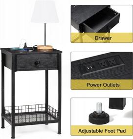img 1 attached to Rustic Black Nightstand With Charging Station, Tall End Table Drawer And Mesh Basket Storage For Bedroom, Living Room & Small Spaces