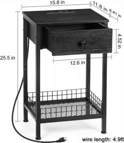 img 3 attached to Rustic Black Nightstand With Charging Station, Tall End Table Drawer And Mesh Basket Storage For Bedroom, Living Room & Small Spaces