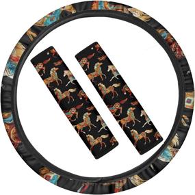 img 4 attached to JOAIFO Aztec Running Horse Print Car Steering Wheel Cover Soft Shoulder Pads All Weather For Car Truck SUV