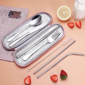 img 2 attached to Portable Reusable Travel Utensils In Waterproof Case - Ideal For School, Work, Picnics Or Camping (Silver)