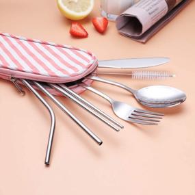 img 3 attached to Portable Reusable Travel Utensils In Waterproof Case - Ideal For School, Work, Picnics Or Camping (Silver)
