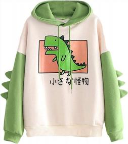 img 4 attached to Cute Dinosaur Hoodie For Women - Casual Pullover With Drawstring And Stitching Color, Kawaii Cartoon Top