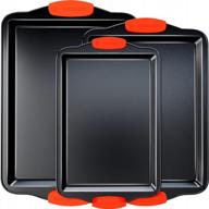 non-stick baking sheet set of 3 - bpa-free and easy to clean bakeware pans with silicone handles for perfect baking, roasting, and cooking - ideal for cookies, pastries and more! logo