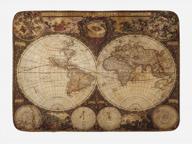 vintage world map bath mat - nostalgic style art historical atlas design with non-slip backing logo