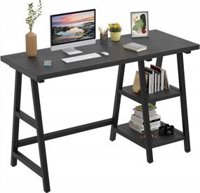 img 4 attached to 47 Inch Foxemart Trestle Computer Desk With Storage Shelves, 2-Tier Modern Sturdy PC Laptop Gaming Home Office Writing Desk, Multifunctional Wooden Work Table - Black