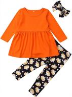 3pcs halloween-themed baby girl outfits with pumpkin print blouse, pants, and headband logo
